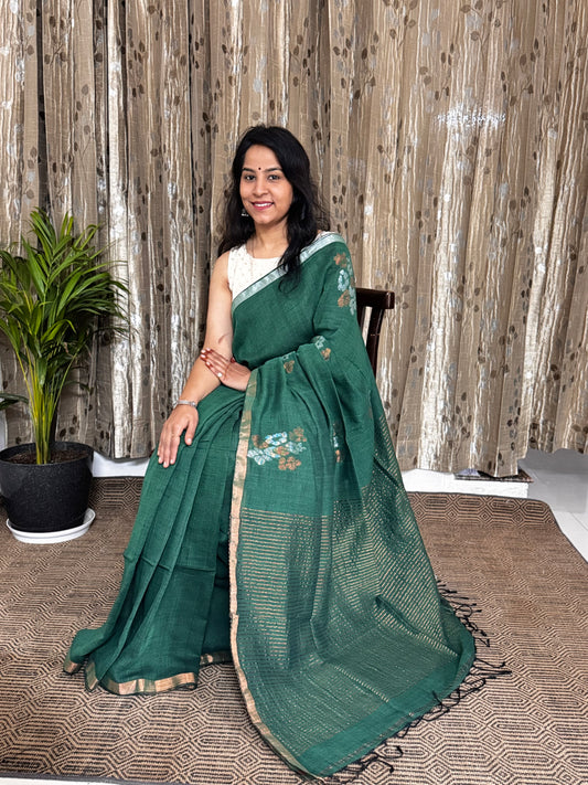 Green Linen Zari Jamdani Saree