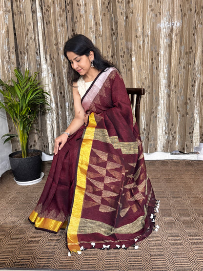 Maroon Linen Zari Jamdani Saree