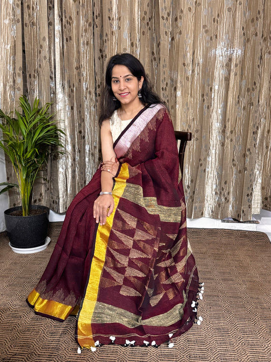 Maroon Linen Zari Jamdani Saree