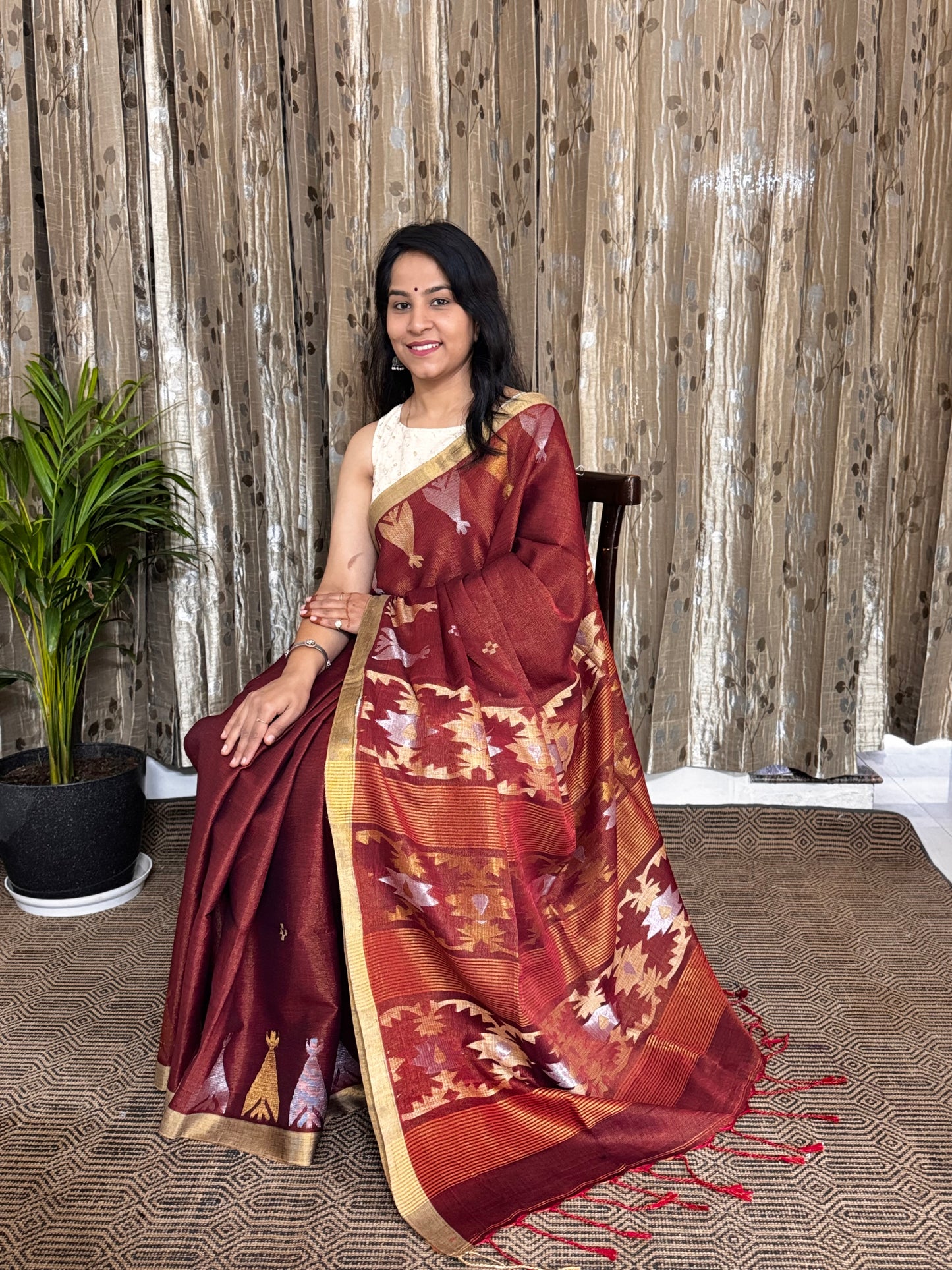 Rust TissueLinen Zari Jamdani Saree