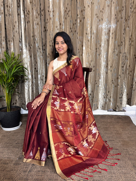 Rust TissueLinen Zari Jamdani Saree