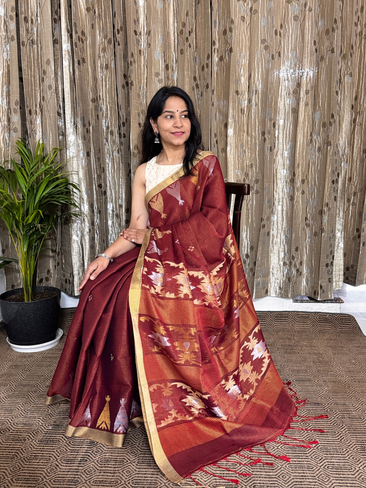 Rust TissueLinen Zari Jamdani Saree