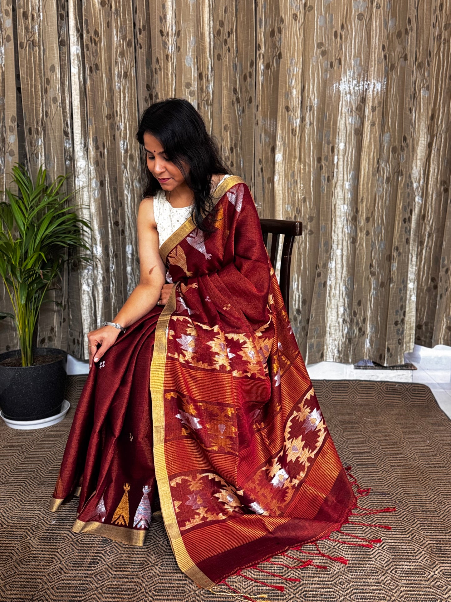 Rust TissueLinen Zari Jamdani Saree
