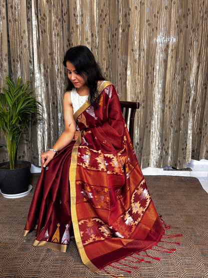 Rust TissueLinen Zari Jamdani Saree