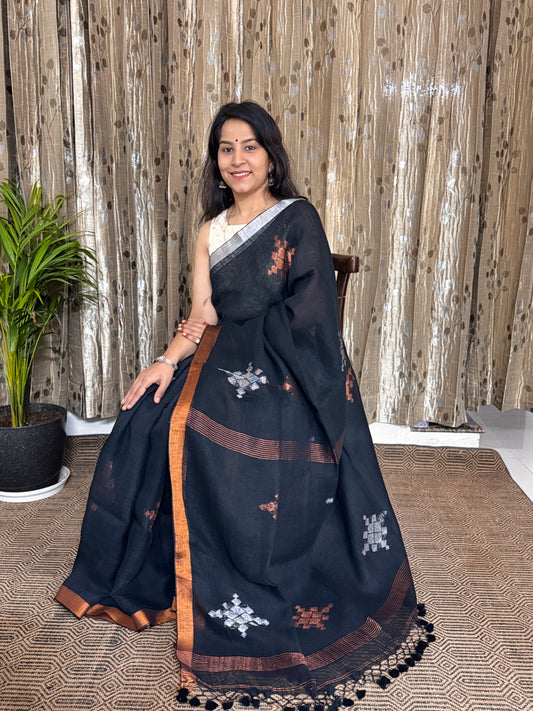 Black Linen Zari Jamdani Saree