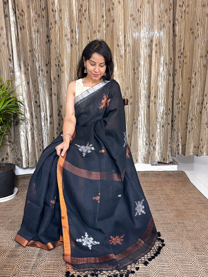 Black Linen Zari Jamdani Saree