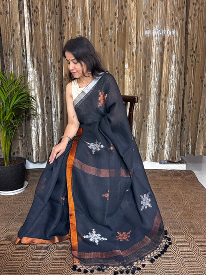 Black Linen Zari Jamdani Saree