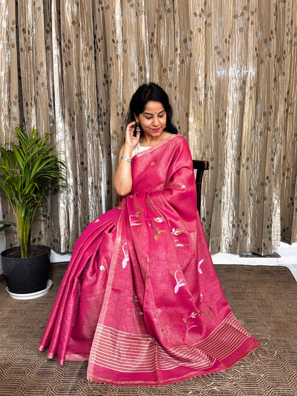 Pink Tissue Linen Zari Jamdani Saree