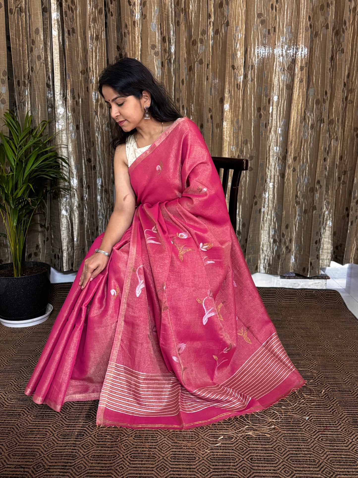 Pink Tissue Linen Zari Jamdani Saree