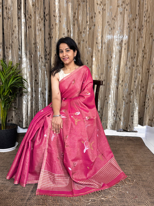 Pink Tissue Linen Zari Jamdani Saree
