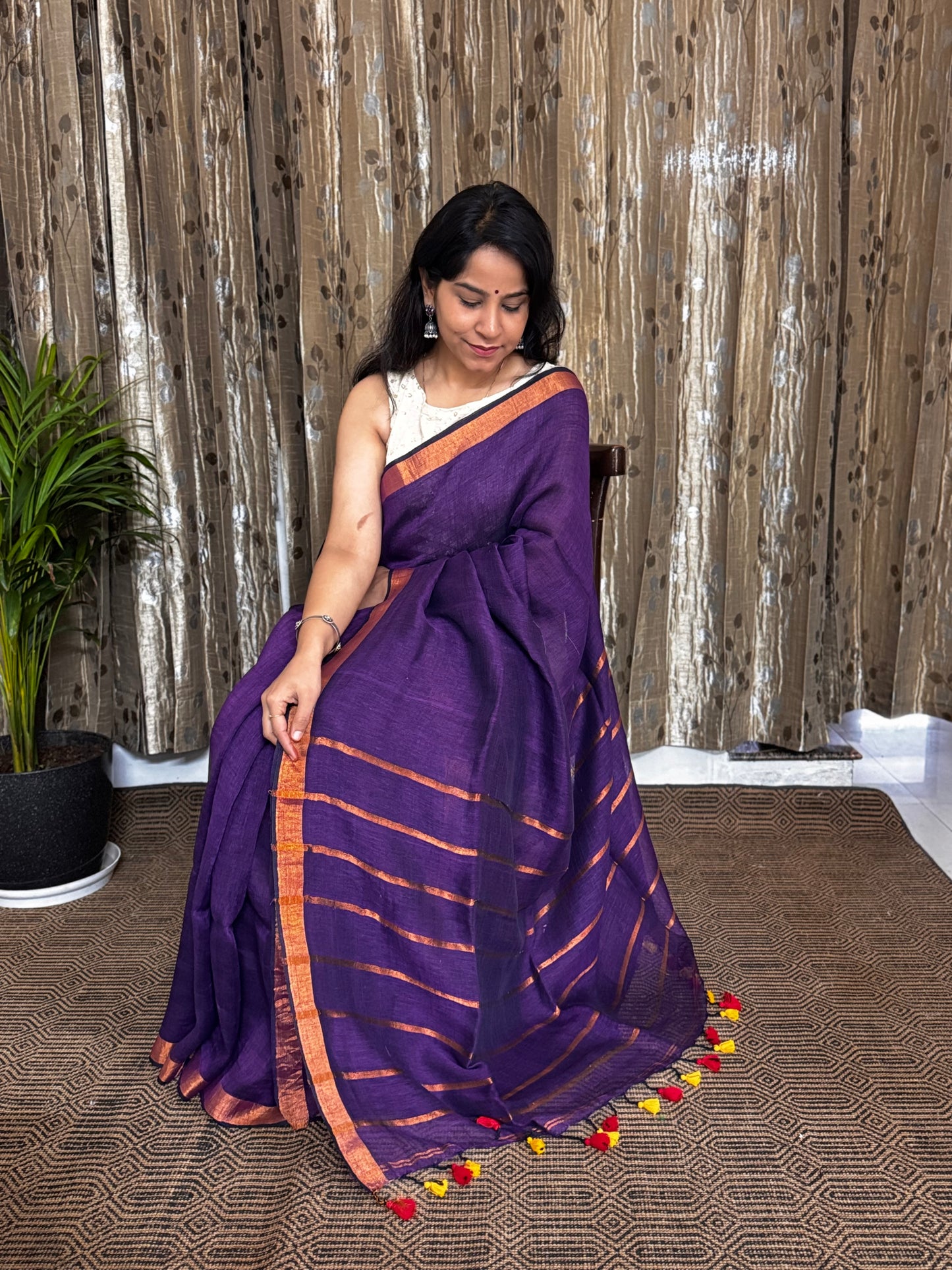 Purple Linen Zari Jamdani Saree