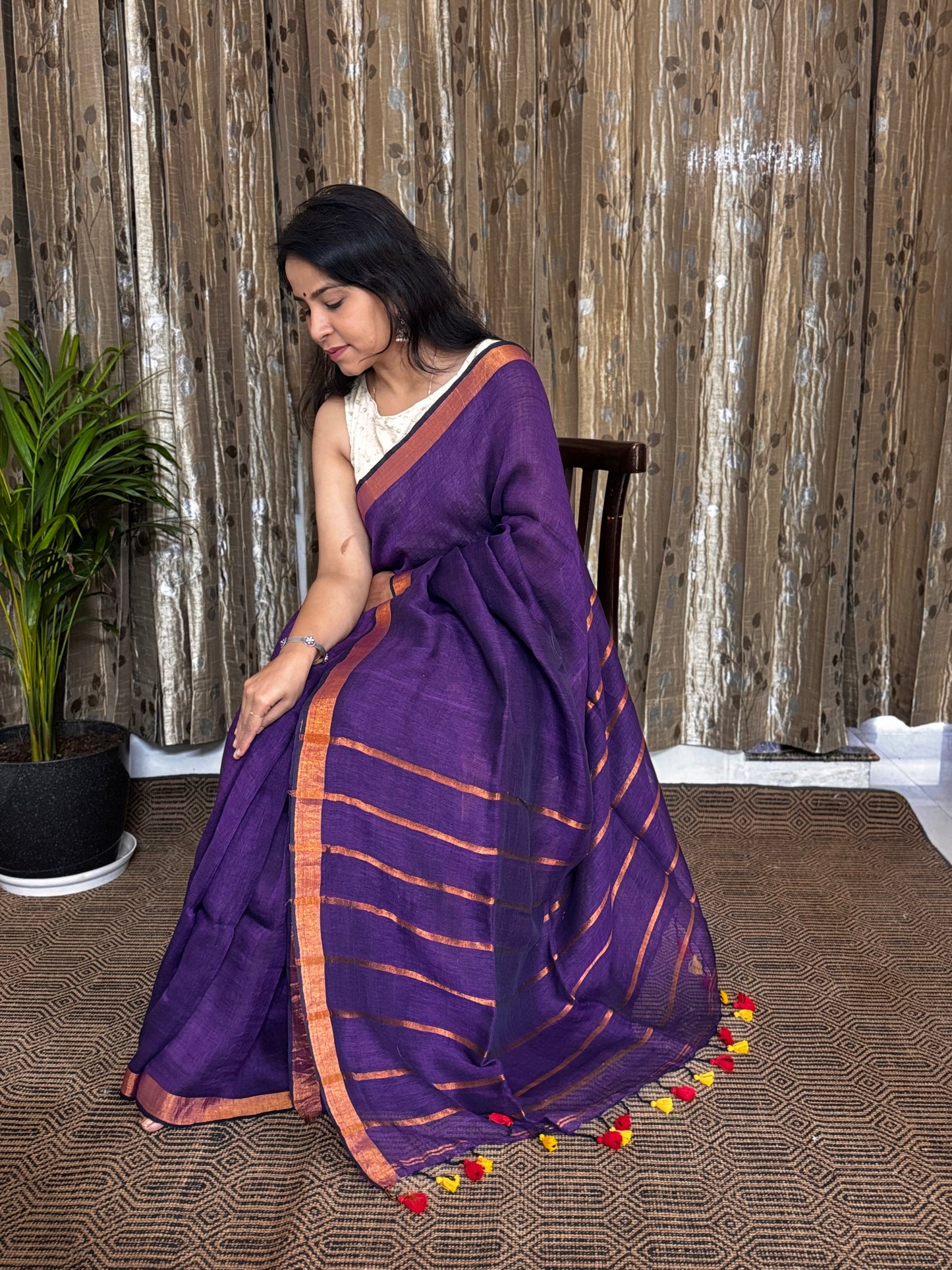 Purple Linen Zari Jamdani Saree