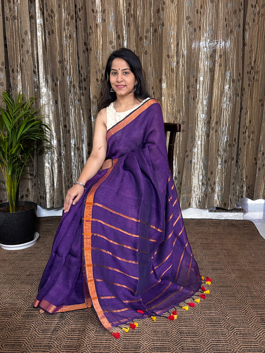 Purple Linen Zari Jamdani Saree
