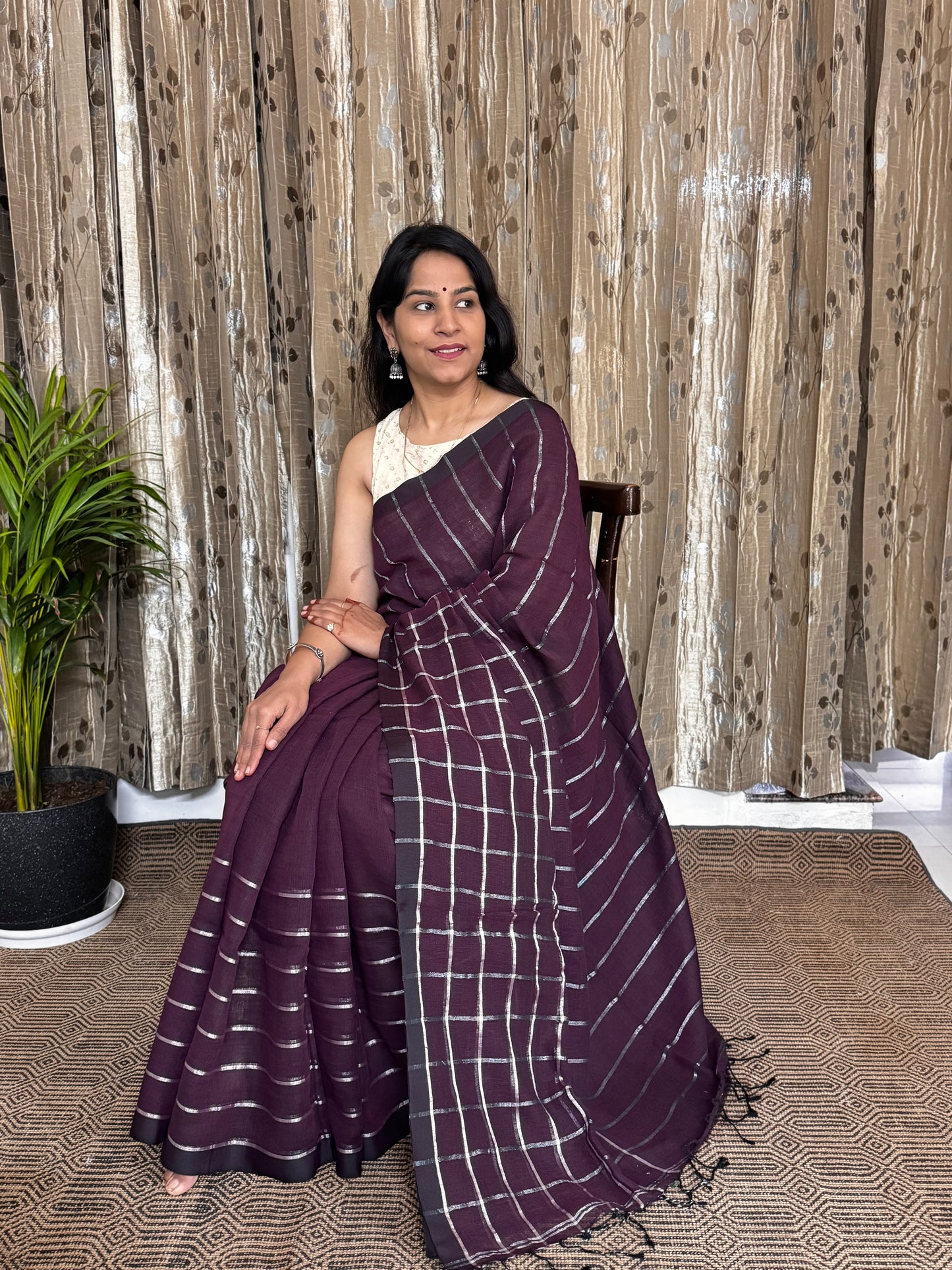 Purple Linen Zari Jamdani Saree