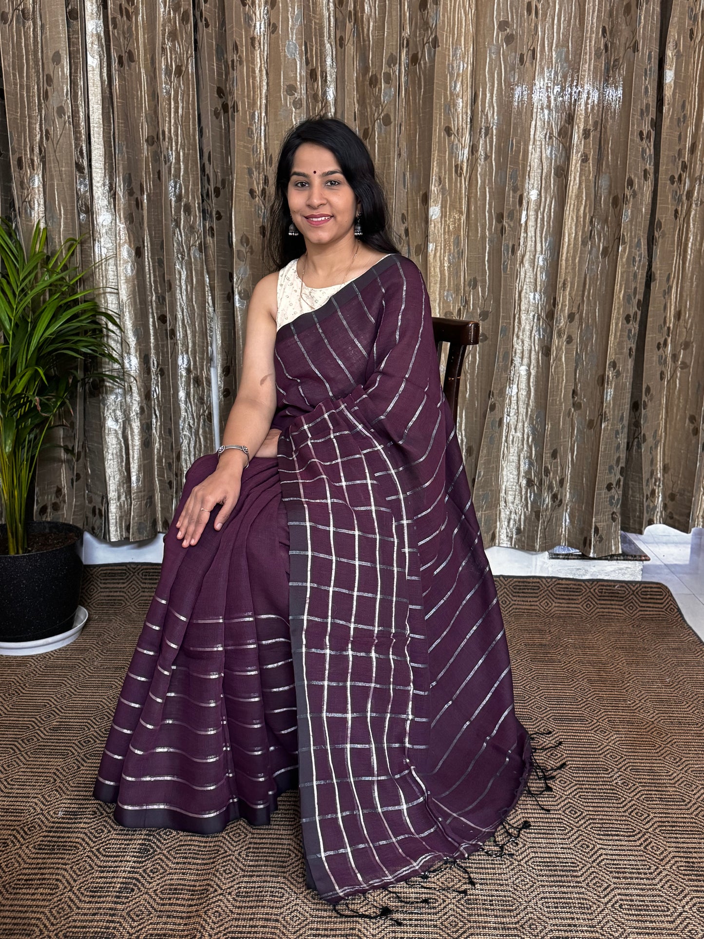 Purple Linen Zari Jamdani Saree