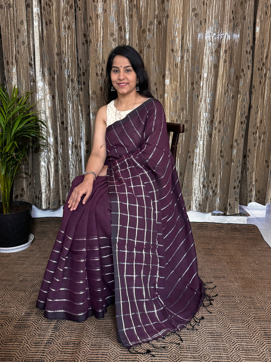 Purple Linen Zari Jamdani Saree