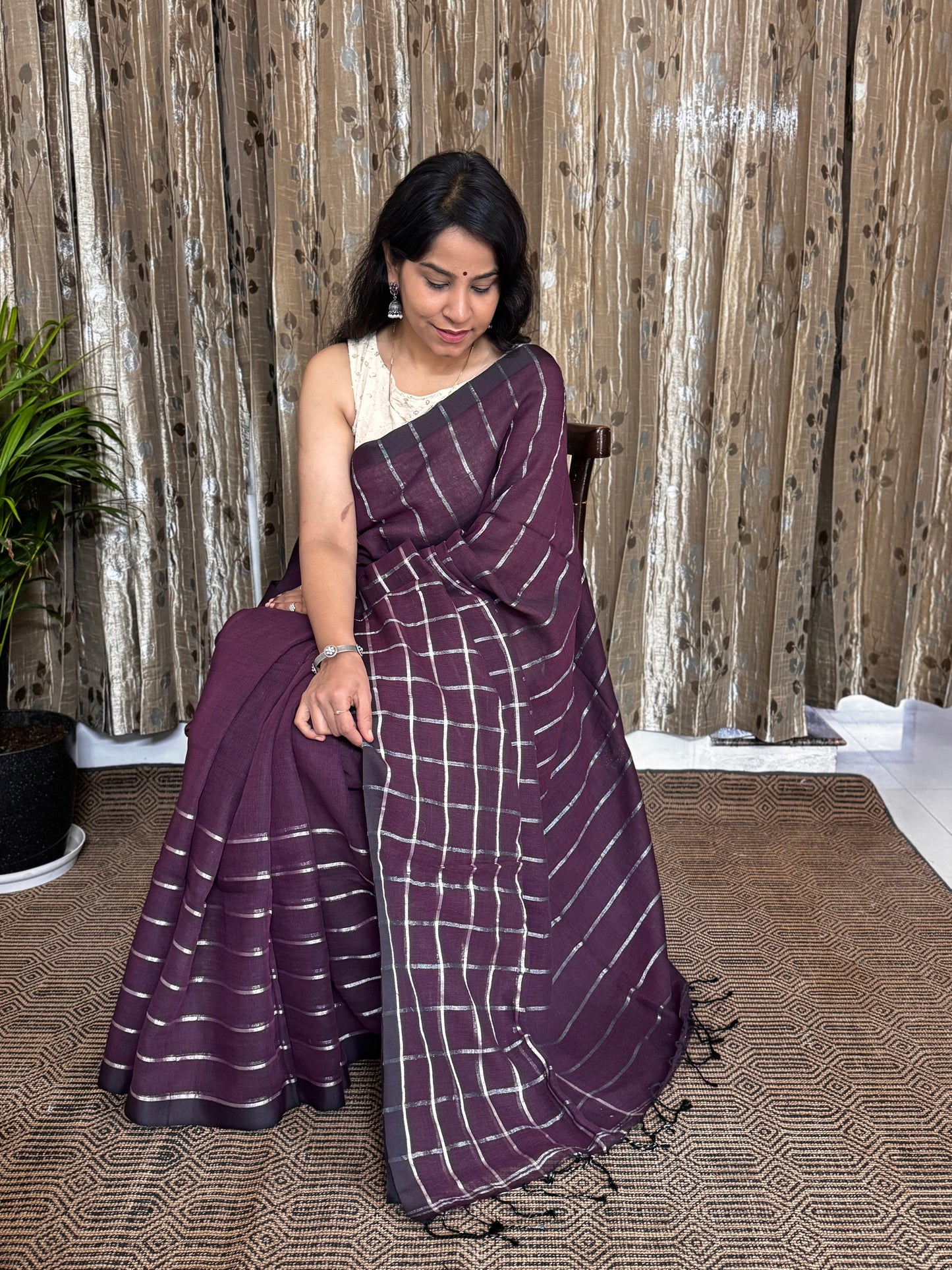 Purple Linen Zari Jamdani Saree