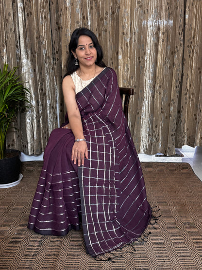 Purple Linen Zari Jamdani Saree