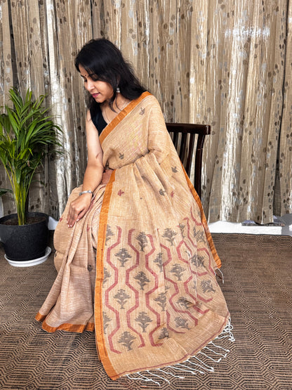 Beige Linen Zari Jamdani Saree