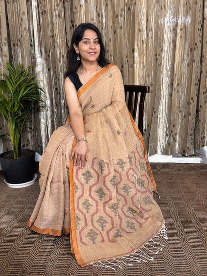 Beige Linen Zari Jamdani Saree