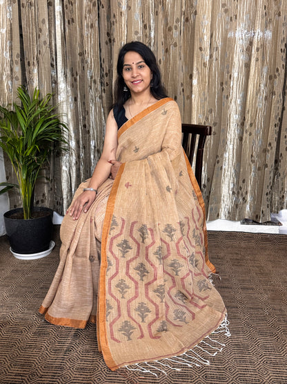 Beige Linen Zari Jamdani Saree