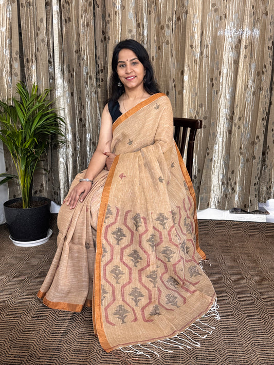 Beige Linen Zari Jamdani Saree
