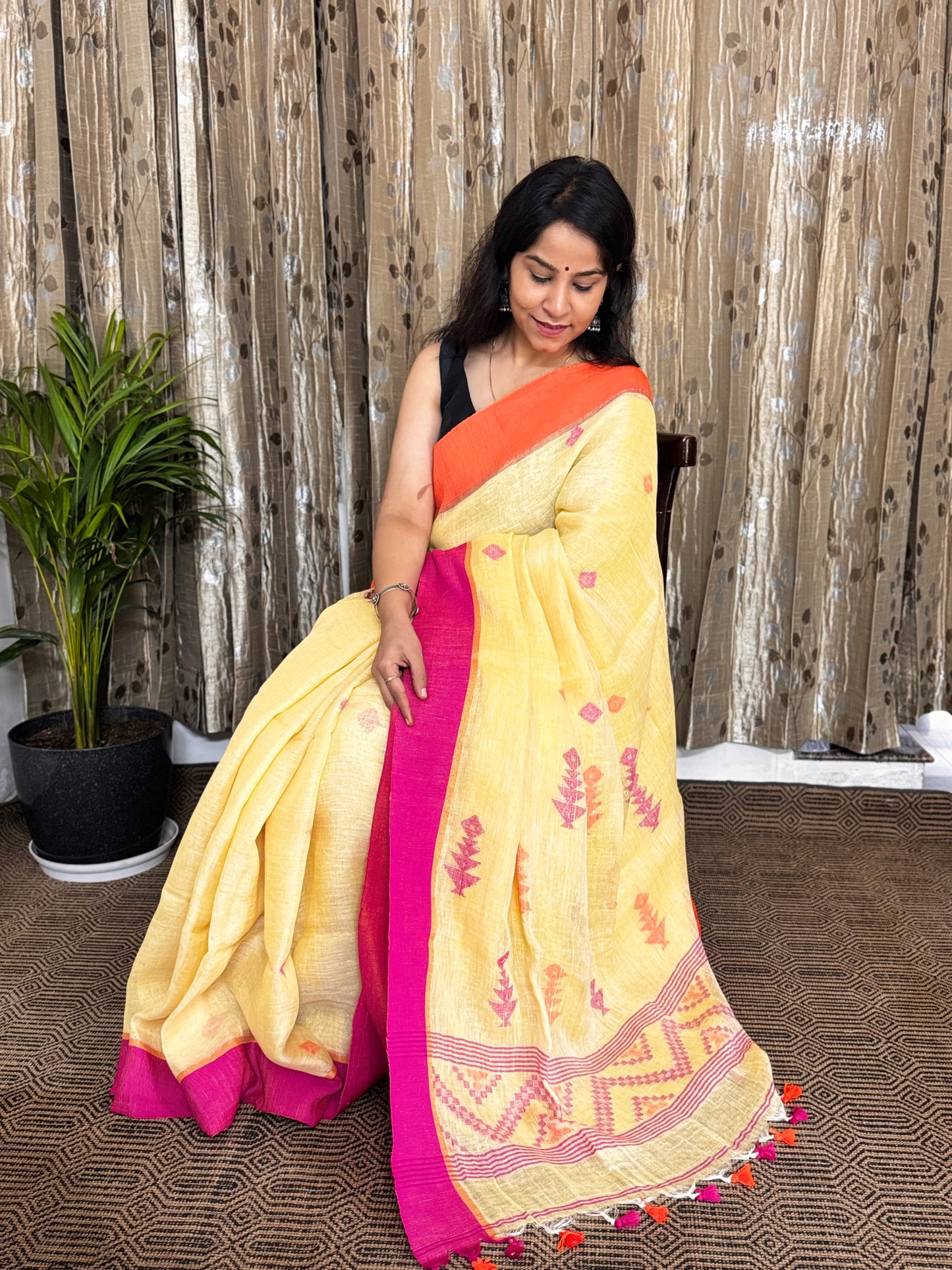 Lemon Yellow Linen Jamdani Saree