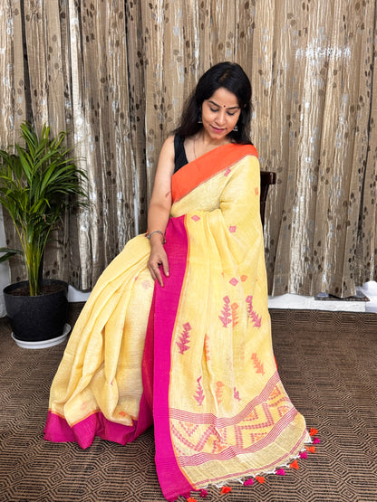 Lemon Yellow Linen Jamdani Saree