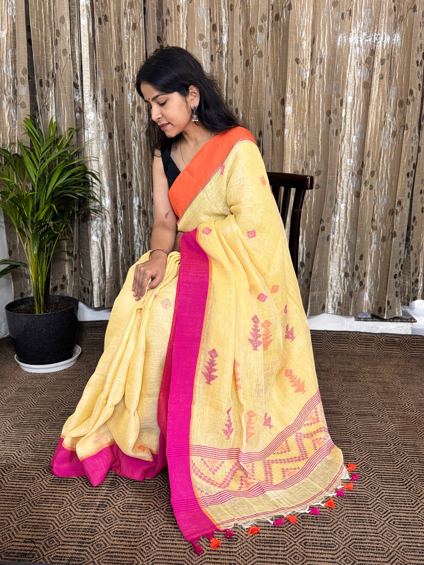 Lemon Yellow Linen Jamdani Saree