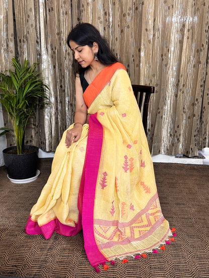 Lemon Yellow Linen Jamdani Saree