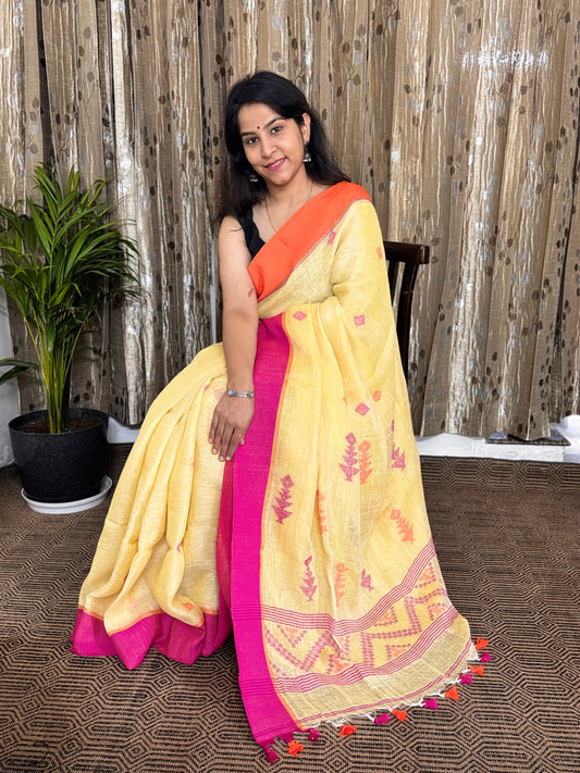 Lemon Yellow Linen Jamdani Saree