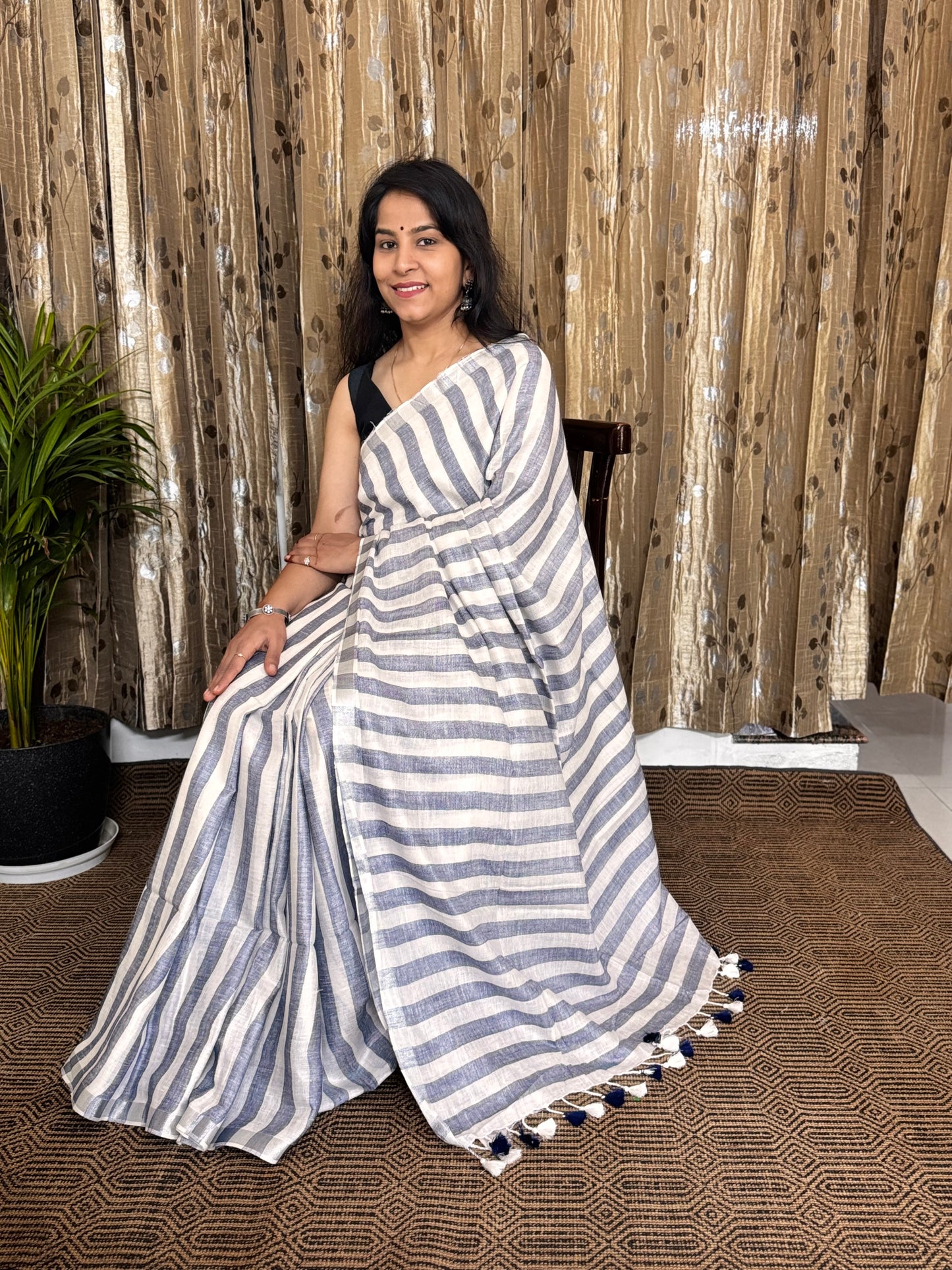 Blue Striped Linen Zari Jamdani Saree