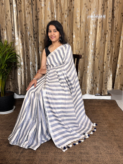 Blue Striped Linen Zari Jamdani Saree