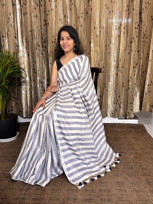 Blue Striped Linen Zari Jamdani Saree