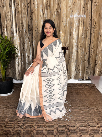 White Black Linen Zari Jamdani Saree