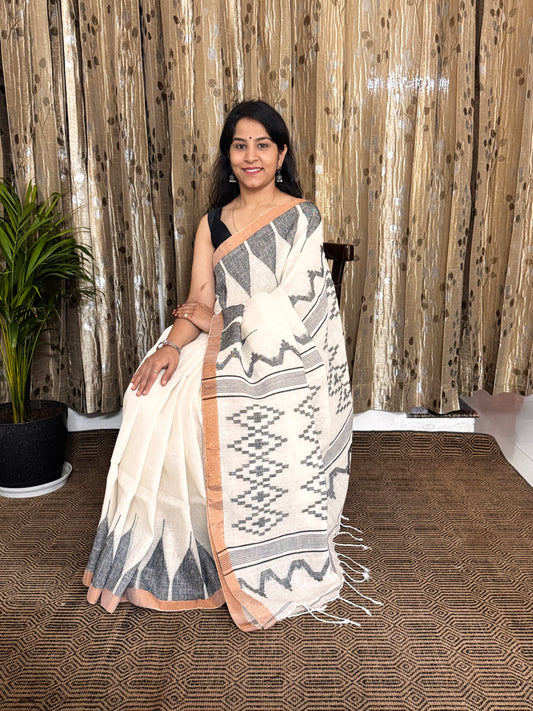 White Black Linen Zari Jamdani Saree