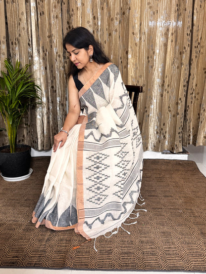 White Black Linen Zari Jamdani Saree
