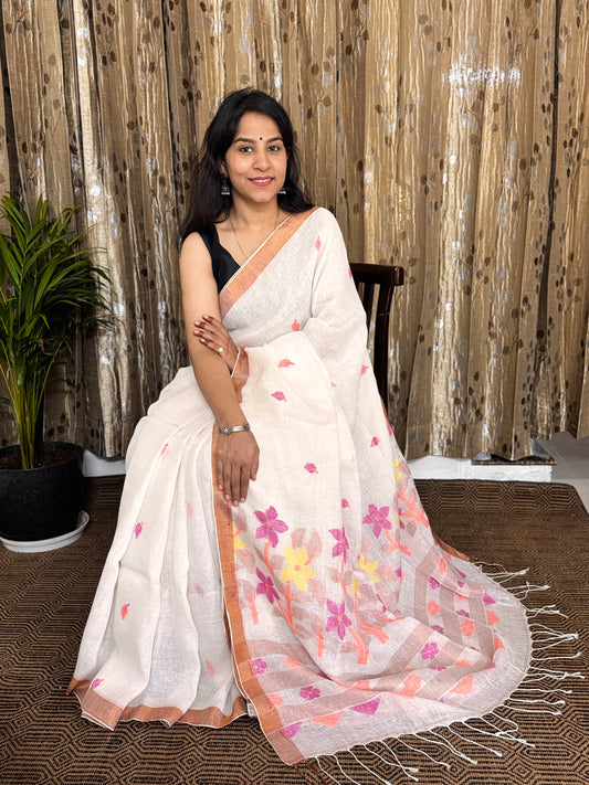 White Linen Zari Jamdani Saree