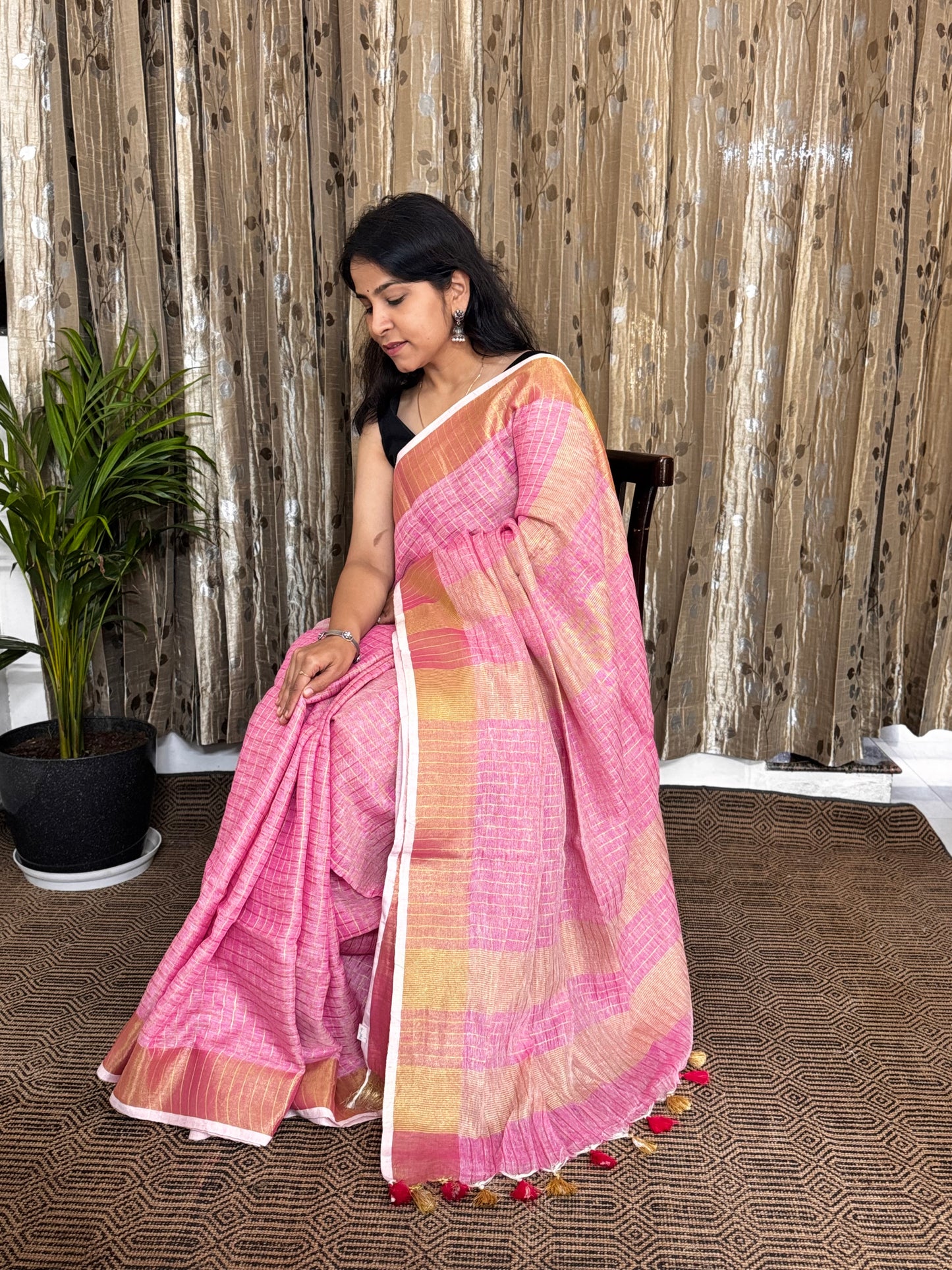 Pink Checked Linen Zari Jamdani Saree