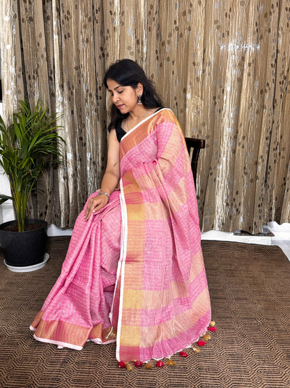 Pink Checked Linen Zari Jamdani Saree