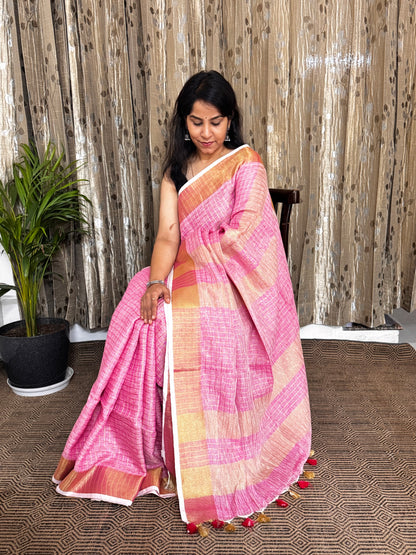 Pink Checked Linen Zari Jamdani Saree