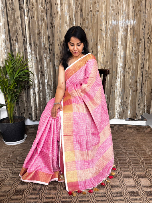 Pink Checked Linen Zari Jamdani Saree