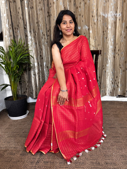 Red Checked Border Linen Zari Jamdani Saree
