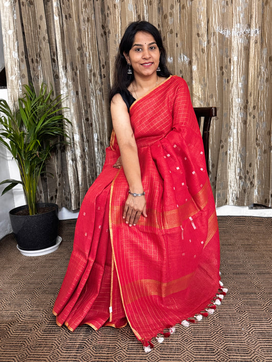 Red Checked Border Linen Zari Jamdani Saree