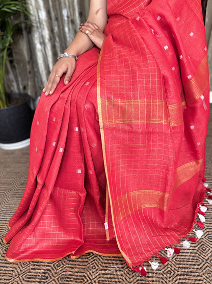 Red Checked Border Linen Zari Jamdani Saree