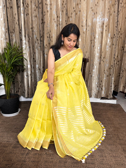 Lemon Yellow Linen Zari Buta Saree