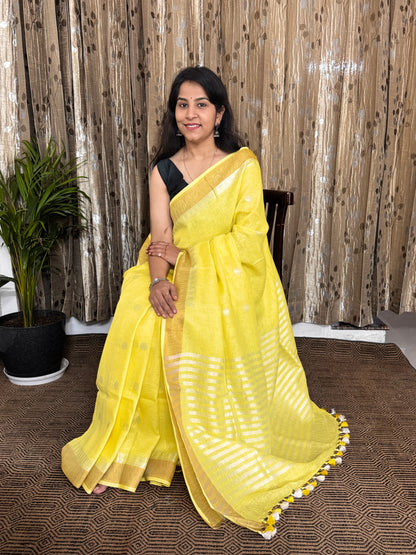 Lemon Yellow Linen Zari Buta Saree