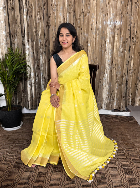 Lemon Yellow Linen Zari Buta Saree