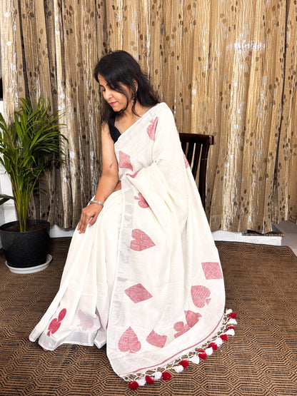 White Linen Zari Jamdani Saree
