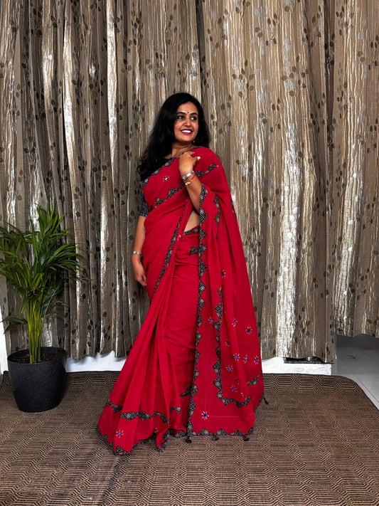 Red Applique Patchwork Mul Cotton Tagai Ajrakh Saree